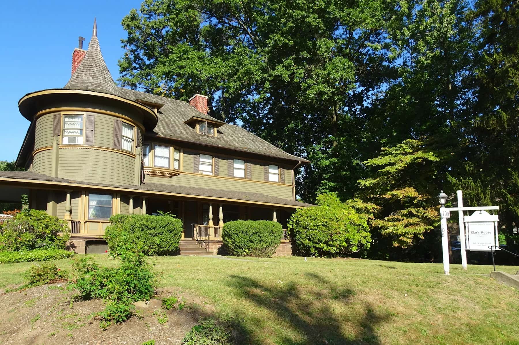 A wraparound porch and turret on the James Henry Clark House in Montclair, New Jersey